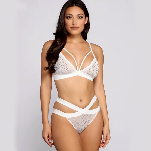 Windsor ✦ “Bring The Sparkle” Rhinestone Bralette & Panty Set ✦ White Mesh M NWT - Picture 1 of 3